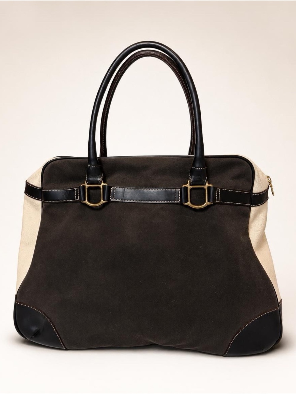 Oughton Canvas& Leather Weekender Tote, zip, natural/espresso, 20x24, EUC